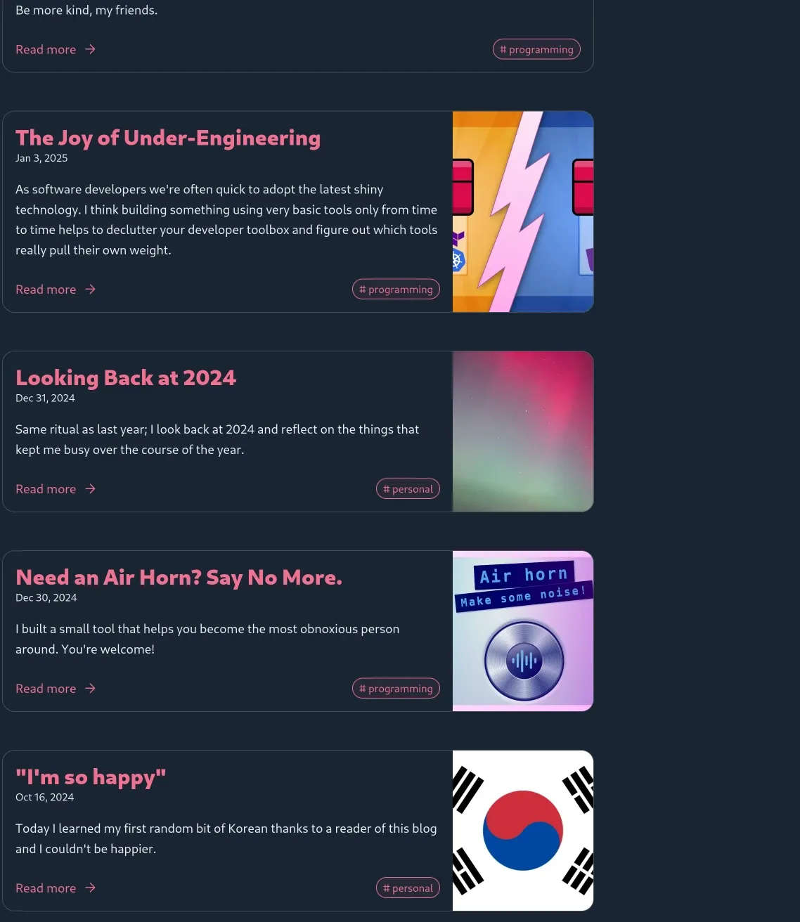 Blog page in dark mode