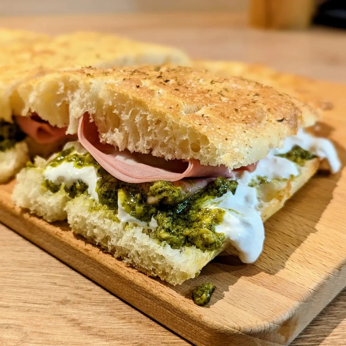 Focaccia with mortadella and pistachio cream and burrata