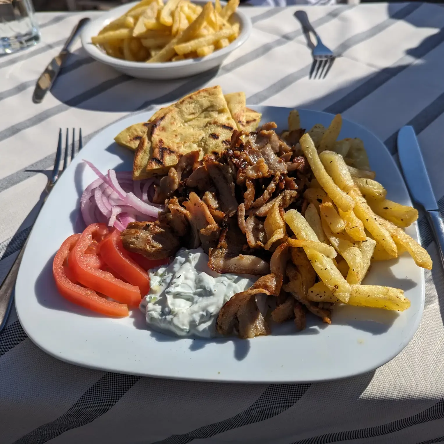 Gyros, fries, tzatziki, pita, tomatoes and onions make for a hearty lunch